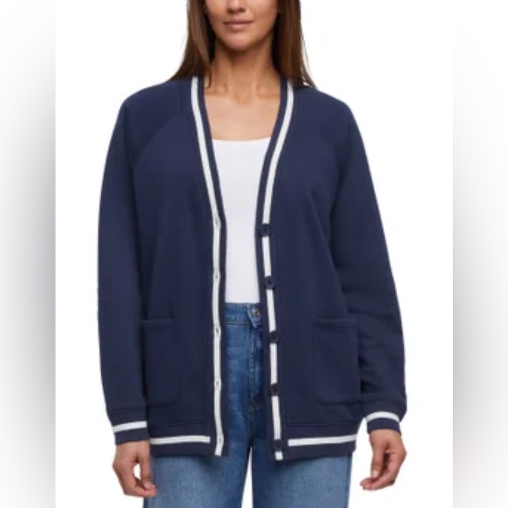 NWT-GAP Women’s Varsity Cotton Sweater – Navy with white trim.